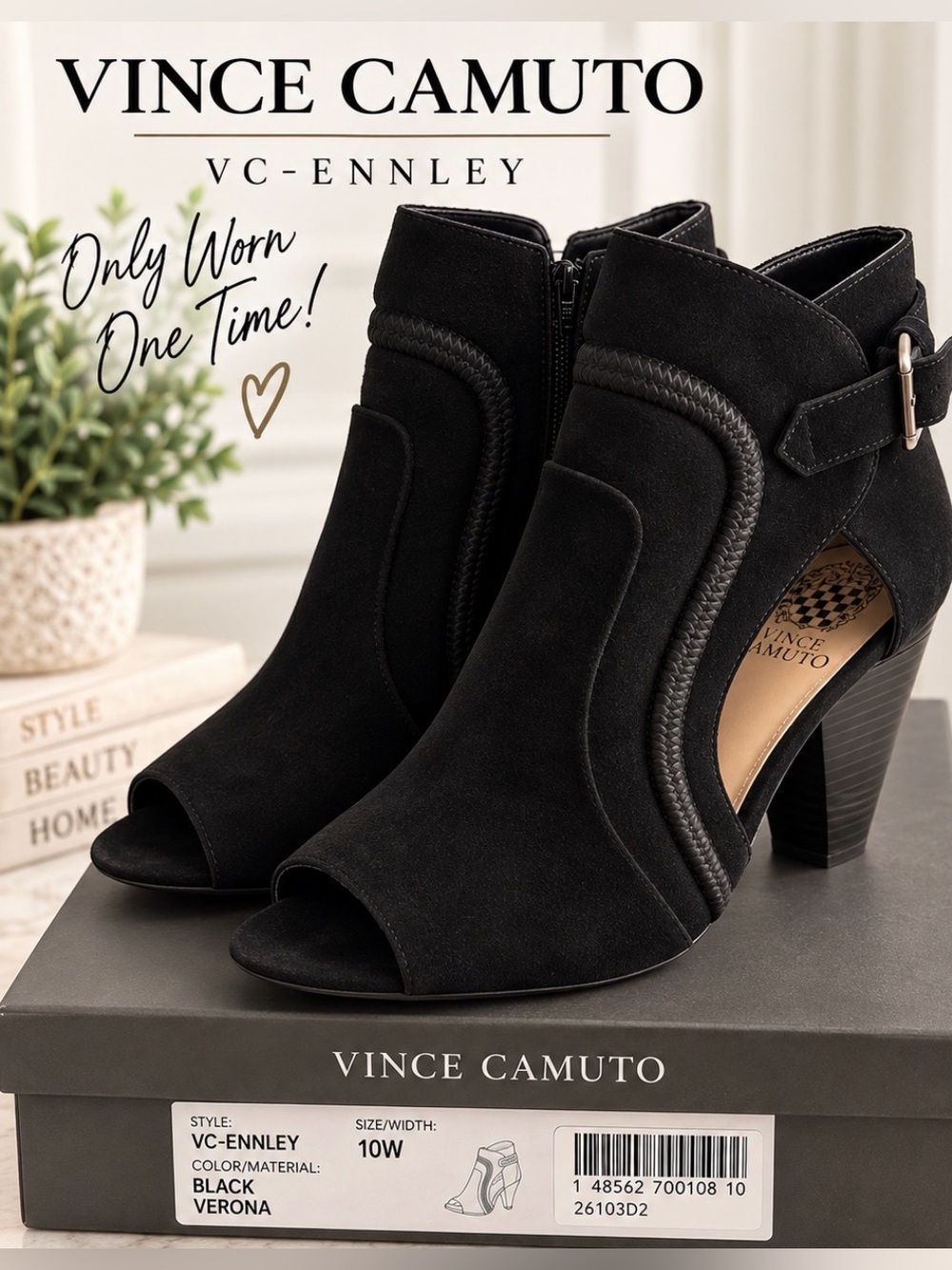 Vince Camuto VC-Ennley Black Suede Peep Toe Booties Size 10W
